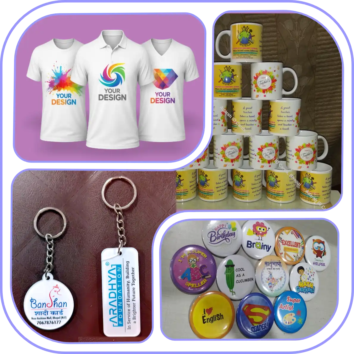 Mix of customized mugs, t-shirts, and acrylic frames